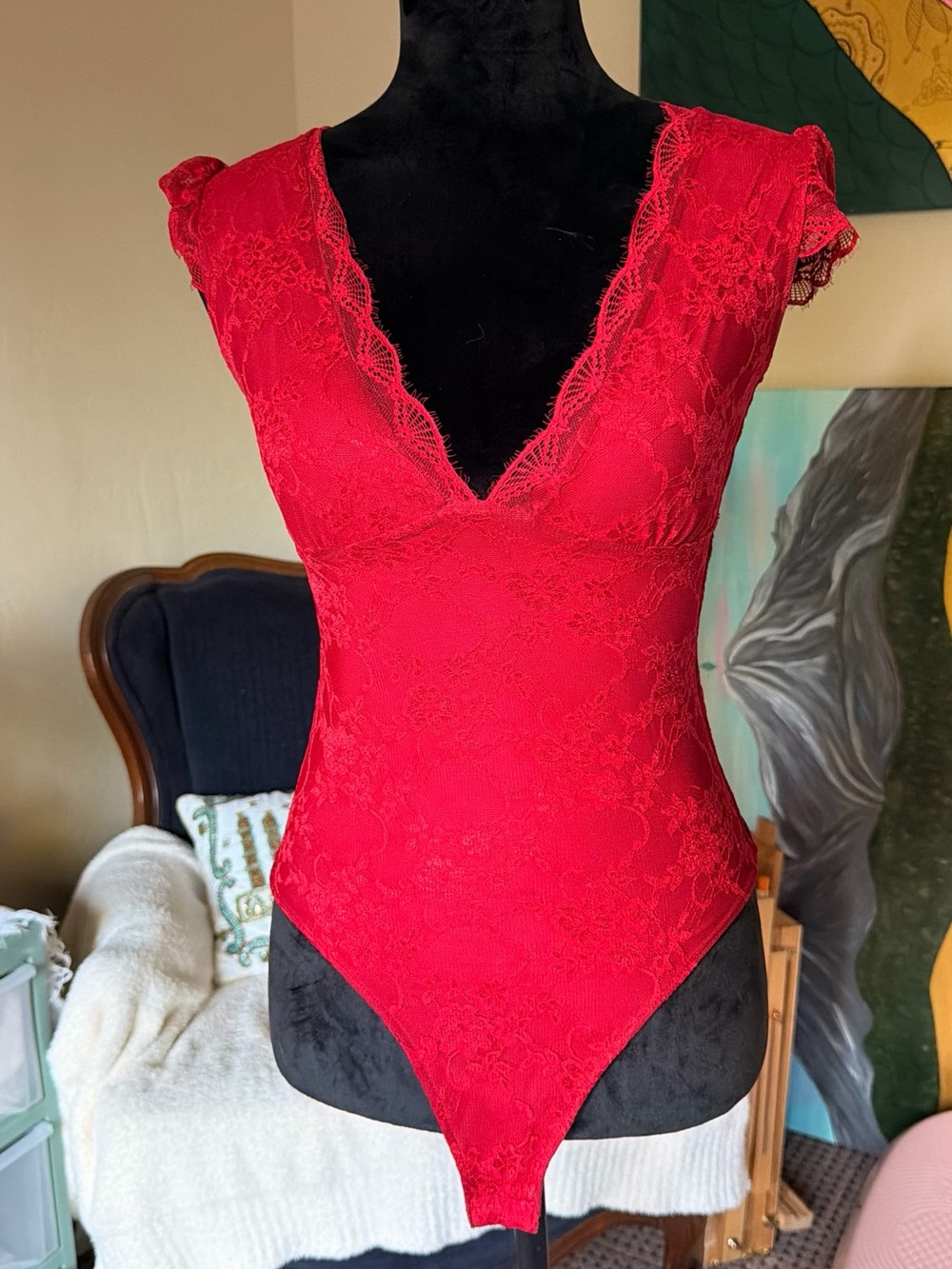 Red Lace Deep V Bodysuit - Top